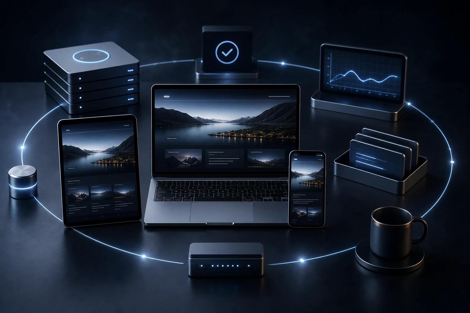 A responsive business website surrounded by calm visual cues for monitoring, backups, content updates, and ongoing continuity