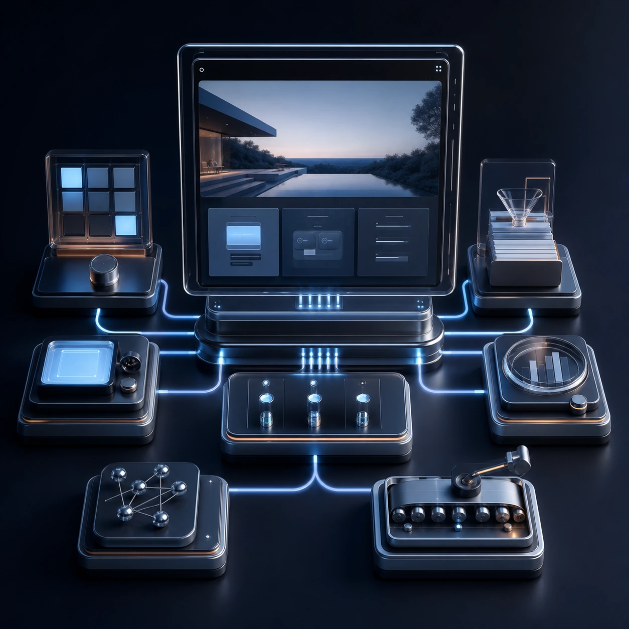 A realistic website operations console connected to content, inquiries, customer follow-up, analytics, motion, and automation modules