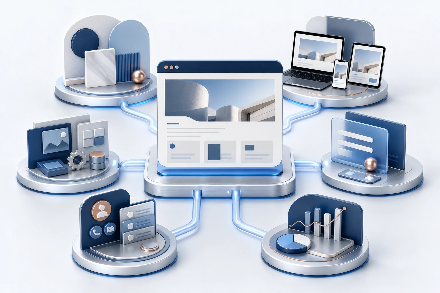 An illustrated website hub connected to visual presentation, responsive devices, content, lead capture, customer follow-up, analytics, and website care