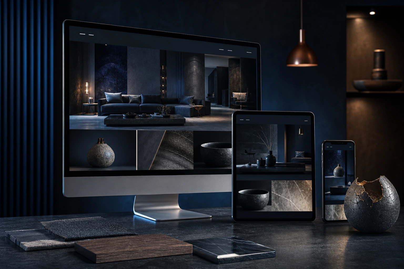 A distinctive responsive website presented across desktop, tablet, and phone beside carefully selected studio materials