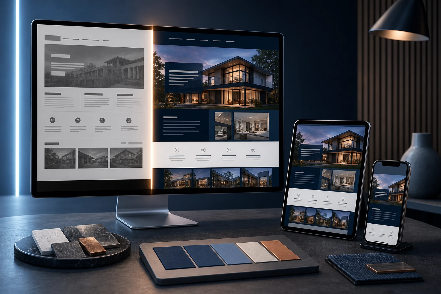 A before-and-after website refresh showing a dated presentation transformed into a polished responsive experience