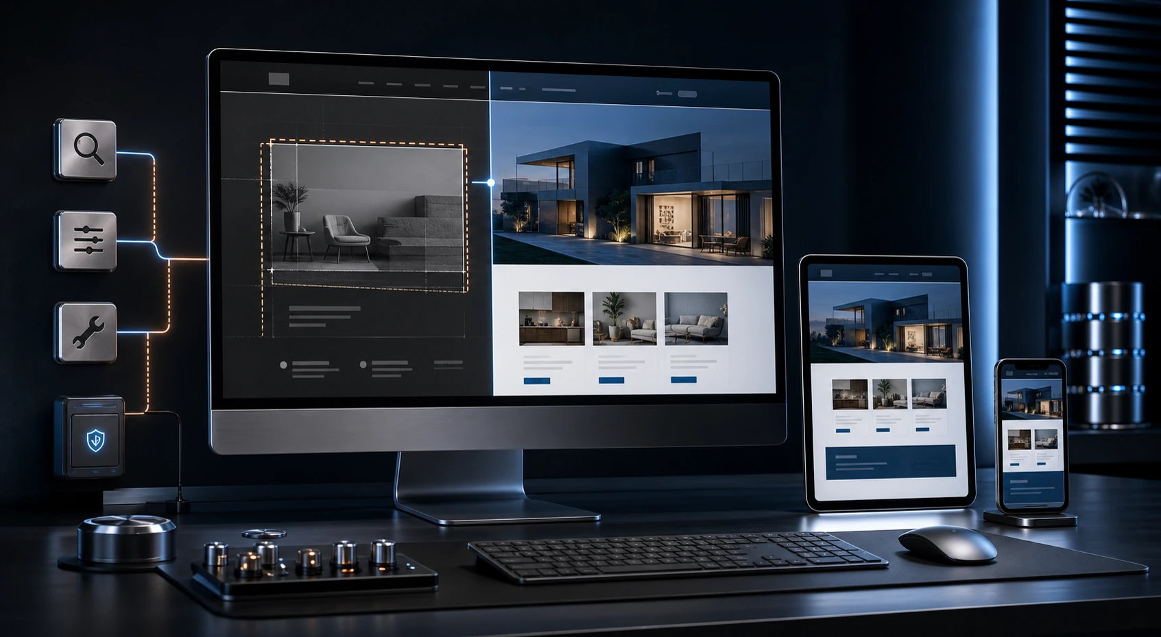 A focused website diagnostic comparison showing a disrupted digital experience restored into a clear responsive presentation